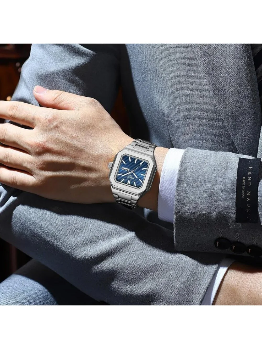 Nibosi Men's Silver Blue Analog Quartz Stainless Steel Waterproof Square Watch